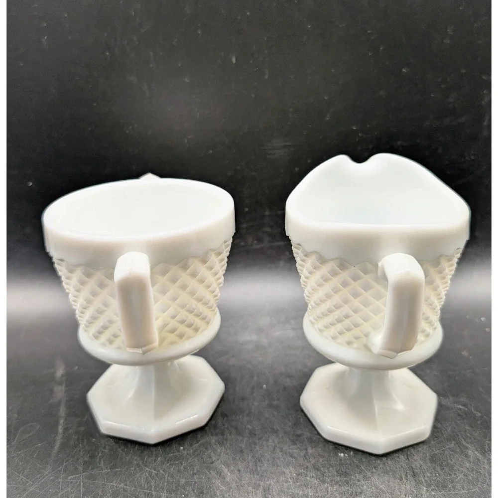 Vintage Westmoreland White Milk Glass Creamer and Sugar Bowl Set Diamond Pattern